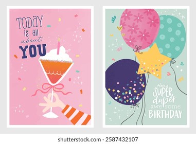 Set of birthday postcards with  confetti, balloons, cocktail and hand writing. Invitations, happy birthday. Vector templates great for card, poster, flyer or banner