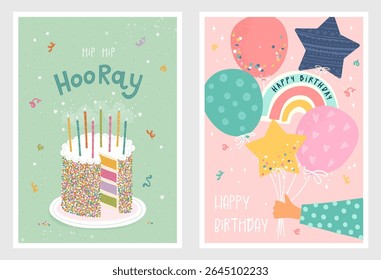 Set of birthday postcards with  confetti, balloons, cake and hand writing. Invitations, happy birthday. Vector templates great for card, poster, flyer or banner