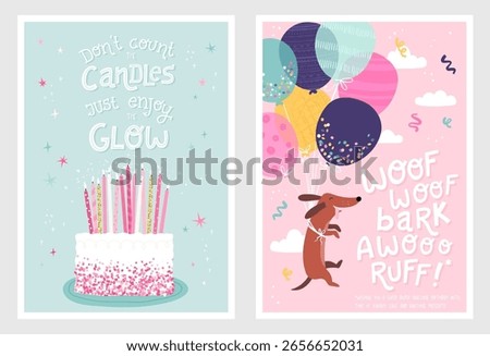Set of birthday postcards with  confetti, balloons, candles, a cute doggy and hand writing. Invitations, happy birthday. Vector templates great for card, poster, flyer or banner