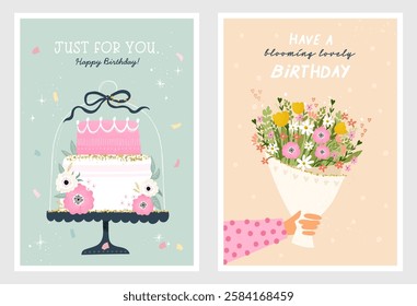 Set of birthday postcards with  confetti, cake, flowers and hand writing. Greeting postcard, happy birthday. Vector templates great for card, poster, flyer or banner