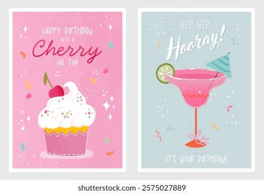 Set of birthday postcards with  confetti, cocktail, cupcake and hand writing. Invitations, happy birthday. Vector templates great for card, poster, flyer or banner