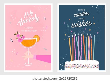 Set of birthday postcards with  confetti, cocktail, cake and hand writing. Invitations, happy birthday. Vector templates great for card, poster, flyer or banner