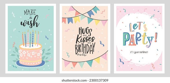 Set of birthday postcards with  confetti, garlands, cake and candles. Invitations, happy birthday. Vector templates great for card, poster, flyer or banner