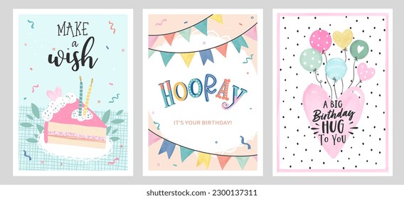 Set of birthday postcards with  confetti, garlands, cake and candles. Invitations, happy birthday. Vector templates great for card, poster, flyer or banner