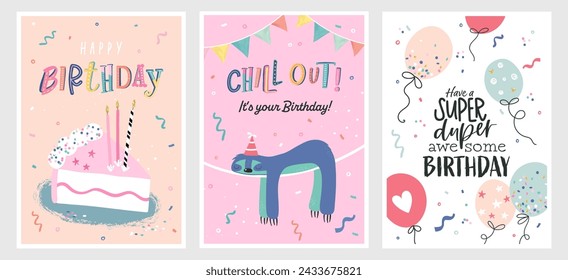 Set of birthday postcards with  confetti, garlands, cake and candles. Invitations, happy birthday. Vector templates great for card, poster, flyer or banner