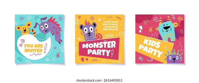 Set of birthday postcards with cute kind and funny monsters. Invitations for kids birthday. Vector templates for card, poster, flyer or banner. You are invited to monster Party