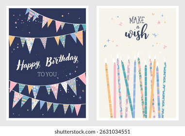 Set of birthday postcards with garlands, candles and fun hand writing. Invitations, happy birthday. Vector templates great for card, poster, flyer or banner