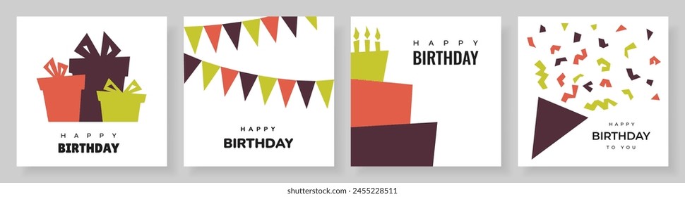 Set of birthday postcards with gifts, confetti, garlands, cake and candles. Happy birthday, greeting cards, flyers, invitations, party. Vector illustration  minimalist design.