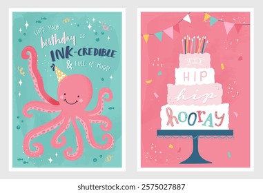 Set of birthday postcards with an Octopus, cake, confetti and hand writing. Invitations, happy birthday. Vector templates great for card, poster, flyer or banner