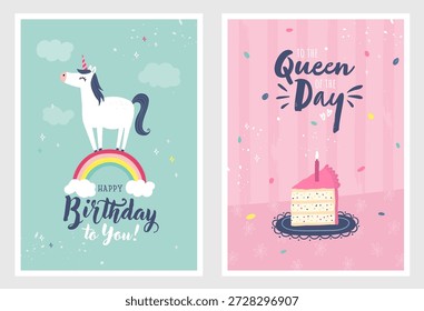 Set of birthday postcards with a unicorn, cake and hand writing. Invitations, happy birthday. Vector templates great for card, poster, flyer or banner