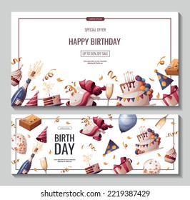 Set of Birthday promo banners with cake, champagne, cupcake, gifts, caps, confetti. Birthday party, celebration, holiday, event, festive concept. Vector illustration. Banner, flyer, advertising.