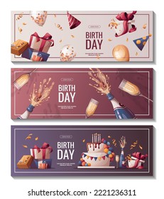 Set of Birthday promo banners with cake, champagne, cupcake, gifts, caps, confetti. Birthday party, celebration, holiday, event, festive concept. Vector illustration. Banner, flyer, advertising.