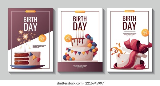 Set of Birthday promo flyers with cake, gifts, confetti. Birthday party, celebration, holiday, event, festive concept. Vector illustration. Banner, flyer, advertising.