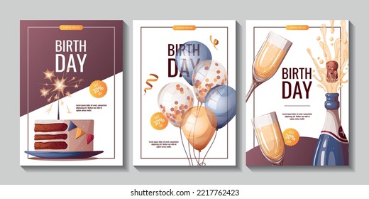 Set of Birthday promo flyers with cake, champagne, balloons, confetti. Birthday party, celebration, holiday, event, festive concept. Vector illustration. Banner, flyer, advertising.