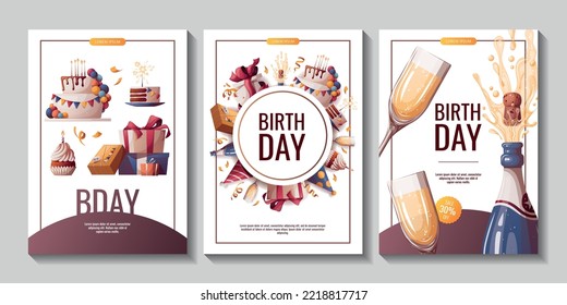 Set of Birthday promo flyers with cake, champagne, cupcake, gifts, caps, confetti. Birthday party, celebration, holiday, event, festive concept. Vector illustration. Banner, flyer, advertising.