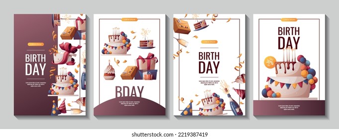 Set of Birthday promo flyers with cake, champagne, cupcake, gifts, caps, confetti. Birthday party, celebration, holiday, event, festive concept. Vector illustration. Banner, flyer, advertising.