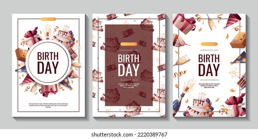 Folletos de promoción de cumpleaños con pasteles, champán, quequitos, regalos, gorras, confeti. Fiesta de cumpleaños, celebración, vacaciones, evento, concepto festivo. Ilustración vectorial. Cartel, volante, publicidad.