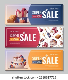 Set of Birthday promo sale banners with cake, champagne, cupcake, gifts, caps, confetti. Birthday party, celebration, holiday, event, festive concept. Vector illustration. Banner, flyer, advertising.