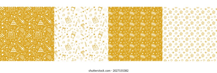 Set of birthday seamless patterns in vector. Hand drawn doodle background with gifts, cake, party flags, balloons, candle, confetti in gold color for decor, textile design, digital scrapbooking, card
