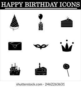 Set of birthday simple icons on the white background. Celebration black icons. Isolated vector.