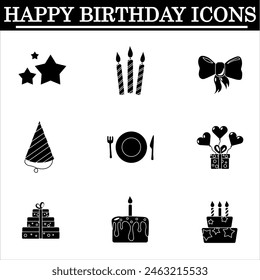 Set of birthday simple icons on the white background. Celebration black icons. Isolated vector.