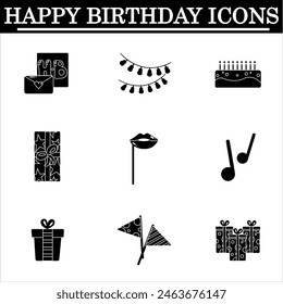 Set of birthday simple icons on the white background. Celebration black icons. Isolated vector.