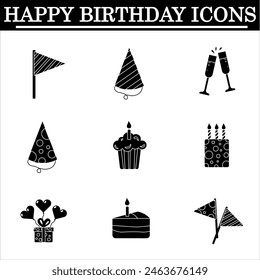 Set of birthday simple icons on the white background. Celebration black icons. Isolated vector.