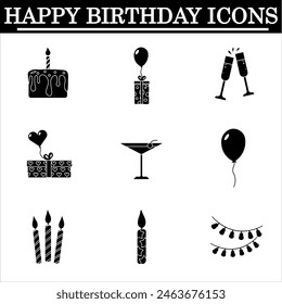 Set of birthday simple icons on the white background. Celebration black icons. Isolated vector.