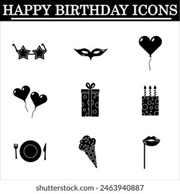 Set of birthday simple icons on the white background. Celebration black icons. Isolated vector.