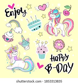 Set of birthday stickers with unicorn and kawaii style cake on yellow background. Vector cartoon illustration
