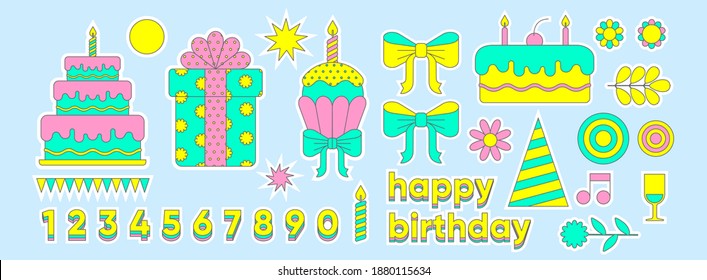 A set of birthday stickers. Set of vector geometric illustrations. Cupcake with a candle, a gift, a birthday cake.