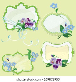 Set of Birthday, Valentines Day or Wedding frames with pansy and forget-me-not flowers - vintage floral background for holiday design