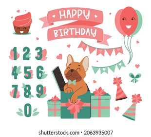 The set of Birthday in a vector illustration. The clipart with dog are good for holidays, kids party, stickers. The sweet collection in a pink and green colors.