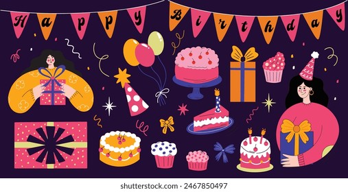 Conjunto de pegatinas de Ilustración vectorial de cumpleaños, Elementos de fiesta, regalos de vacaciones, torta, velas, globos, sombrero de fiesta, personaje de dibujos animados que sostiene la caja de regalo, mujer, mujer con presente funky estilo retro groovy