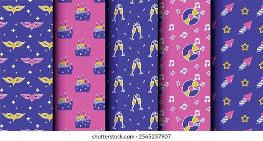 Set of birthday vector seamless pattern. Happy Birthday. Birthday symbols background. Bright colorful seamless birthday pattern with cakes, gifts and party symbols. Modern blue and pink design.