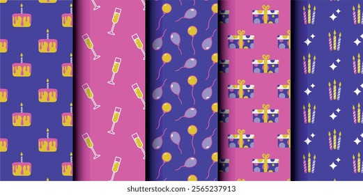 Set of birthday vector seamless pattern. Happy Birthday. Birthday symbols background. Bright colorful seamless birthday pattern with cakes, gifts and party symbols. Modern blue and pink design.