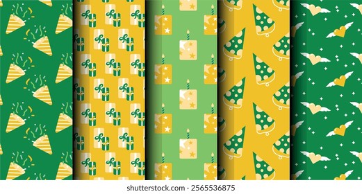 Set of birthday vector seamless pattern. Happy Birthday. Birthday symbols background. Bright colorful seamless birthday pattern with cakes, gifts and party symbols. Modern yellow and green design.