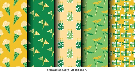 Set of birthday vector seamless pattern. Happy Birthday. Birthday symbols background. Bright colorful seamless birthday pattern with cakes, gifts and party symbols. Modern yellow and green design.