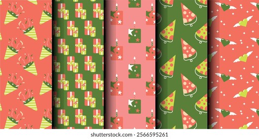 Set of birthday vector seamless pattern. Happy Birthday. Birthday symbols background. Bright colorful seamless birthday pattern with cakes, gifts and party symbols. Modern red and green design.
