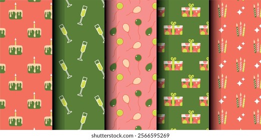Set of birthday vector seamless pattern. Happy Birthday. Birthday symbols background. Bright colorful seamless birthday pattern with cakes, gifts and party symbols. Modern red and green design.
