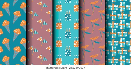 Set of birthday vector seamless pattern. Happy Birthday. Birthday symbols background. Bright colorful seamless birthday pattern with cakes, gifts and party symbols. Modern blue and orange design.
