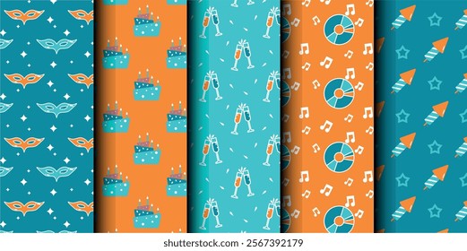 Set of birthday vector seamless pattern. Happy Birthday. Birthday symbols background. Bright colorful seamless birthday pattern with cakes, gifts and party symbols. Modern blue and orange design.