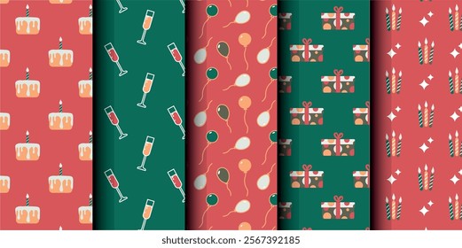 Set of birthday vector seamless pattern. Happy Birthday. Birthday symbols background. Bright colorful seamless birthday pattern with cakes, gifts and party symbols. Modern red and green design.