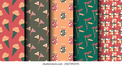 Set of birthday vector seamless pattern. Happy Birthday. Birthday symbols background. Bright colorful seamless birthday pattern with cakes, gifts and party symbols. Modern red and green design.