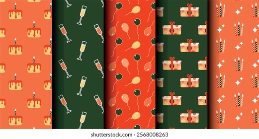 Set of birthday vector seamless pattern. Happy Birthday. Birthday symbols background. Bright colorful seamless birthday pattern with cakes, gifts and party symbols. Modern red and green design.