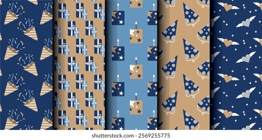 Set of birthday vector seamless pattern. Happy Birthday. Birthday symbols background. Bright colorful seamless birthday pattern with cakes, gifts and party symbols. Modern blue and brown design.