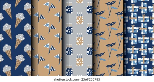Set of birthday vector seamless pattern. Happy Birthday. Birthday symbols background. Bright colorful seamless birthday pattern with cakes, gifts and party symbols. Modern blue and brown design.