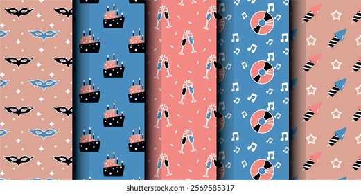 Set of birthday vector seamless pattern. Happy Birthday. Birthday symbols background. Bright colorful seamless birthday pattern with cakes, gifts and party symbols. Modern blue and pink design.