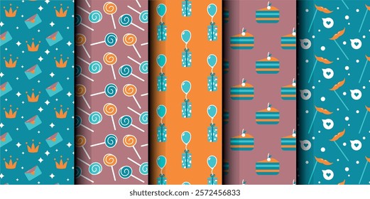 Set of birthday vector seamless pattern. Happy Birthday. Birthday symbols background. Bright colorful seamless birthday pattern with cakes, gifts and party symbols. Modern blue and orange design.