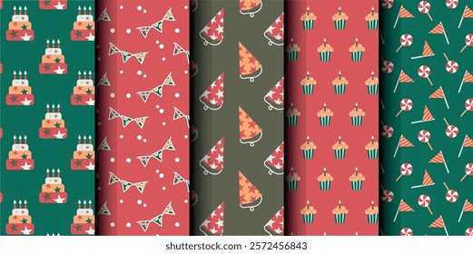 Set of birthday vector seamless pattern. Happy Birthday. Birthday symbols background. Bright colorful seamless birthday pattern with cakes, gifts and party symbols. Modern red and green design.